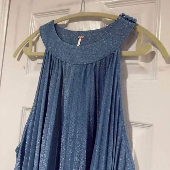 Free People Metallic Pleated Halter Dress Blue Size Large - Picture 6 of 8